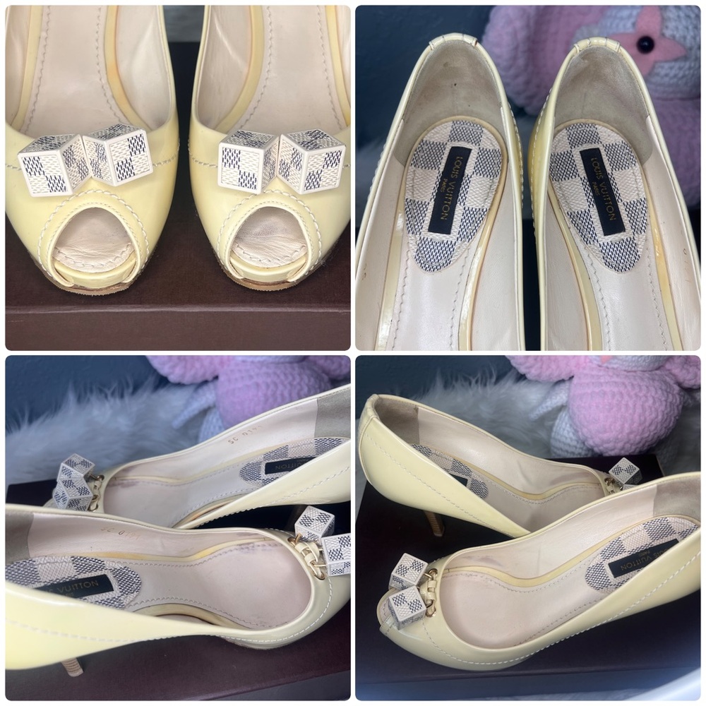 Louis Vuitton Cream Patent Leather and Damier Azur Peep Toe Heel Shoes Size EU36 - Picture 8 of 12